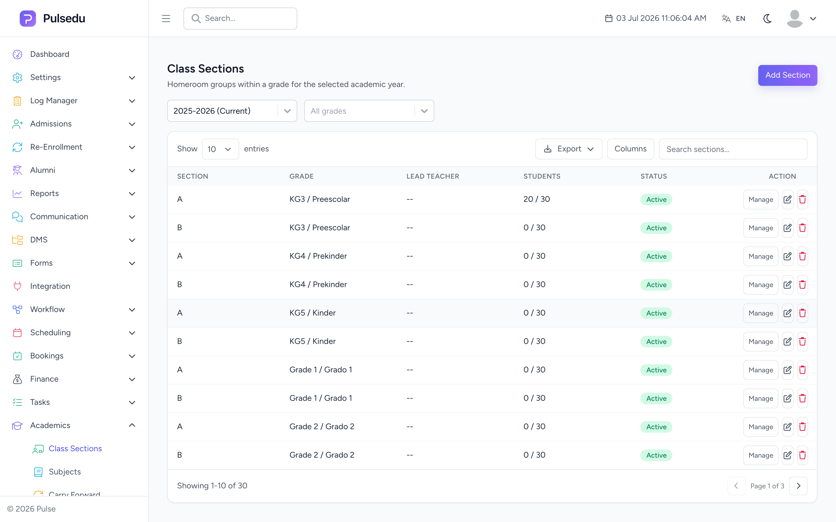 Product screenshot of the Academics module in the Pulsedu app