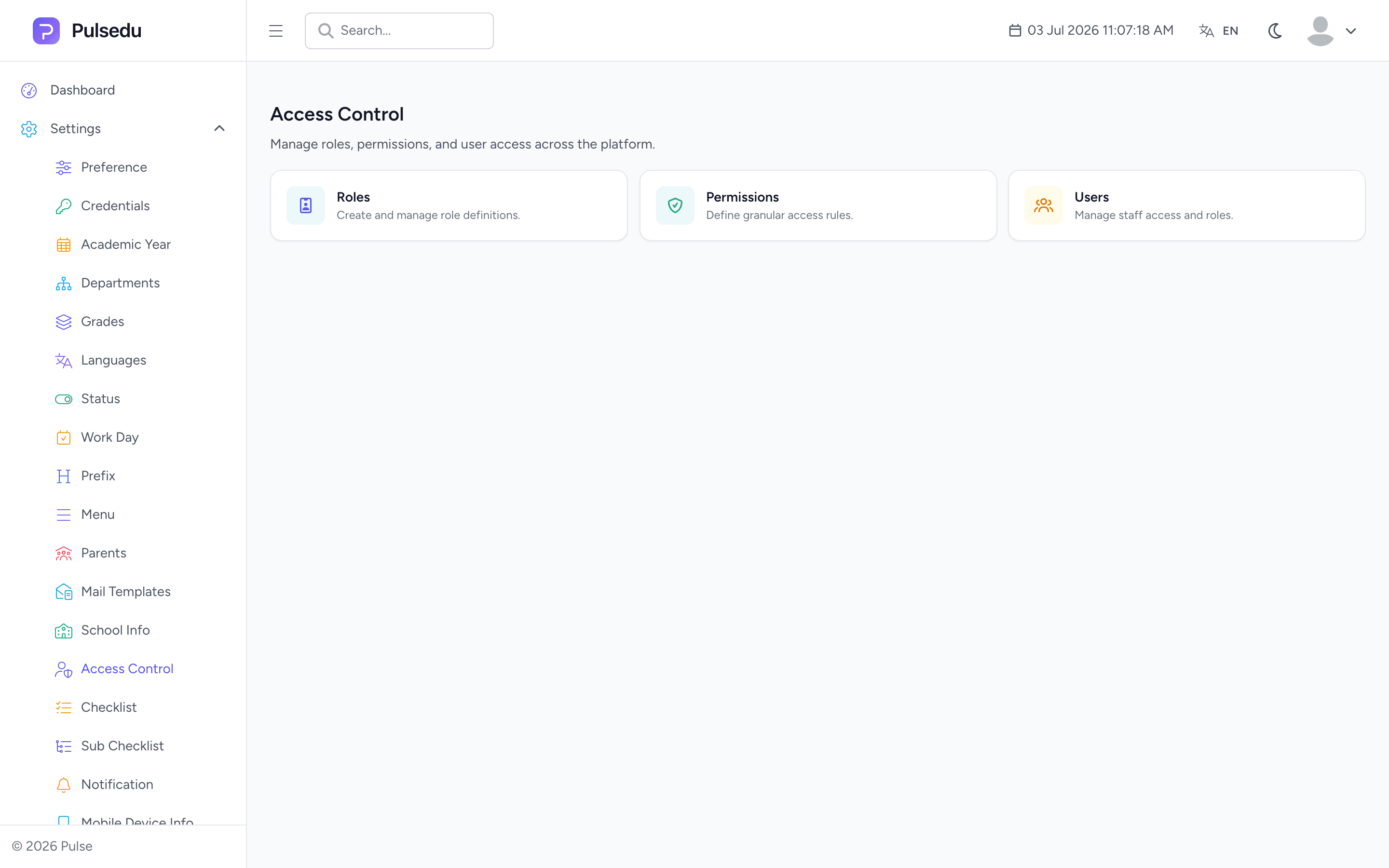 Product screenshot of the Administration & Security module in the Pulsedu app