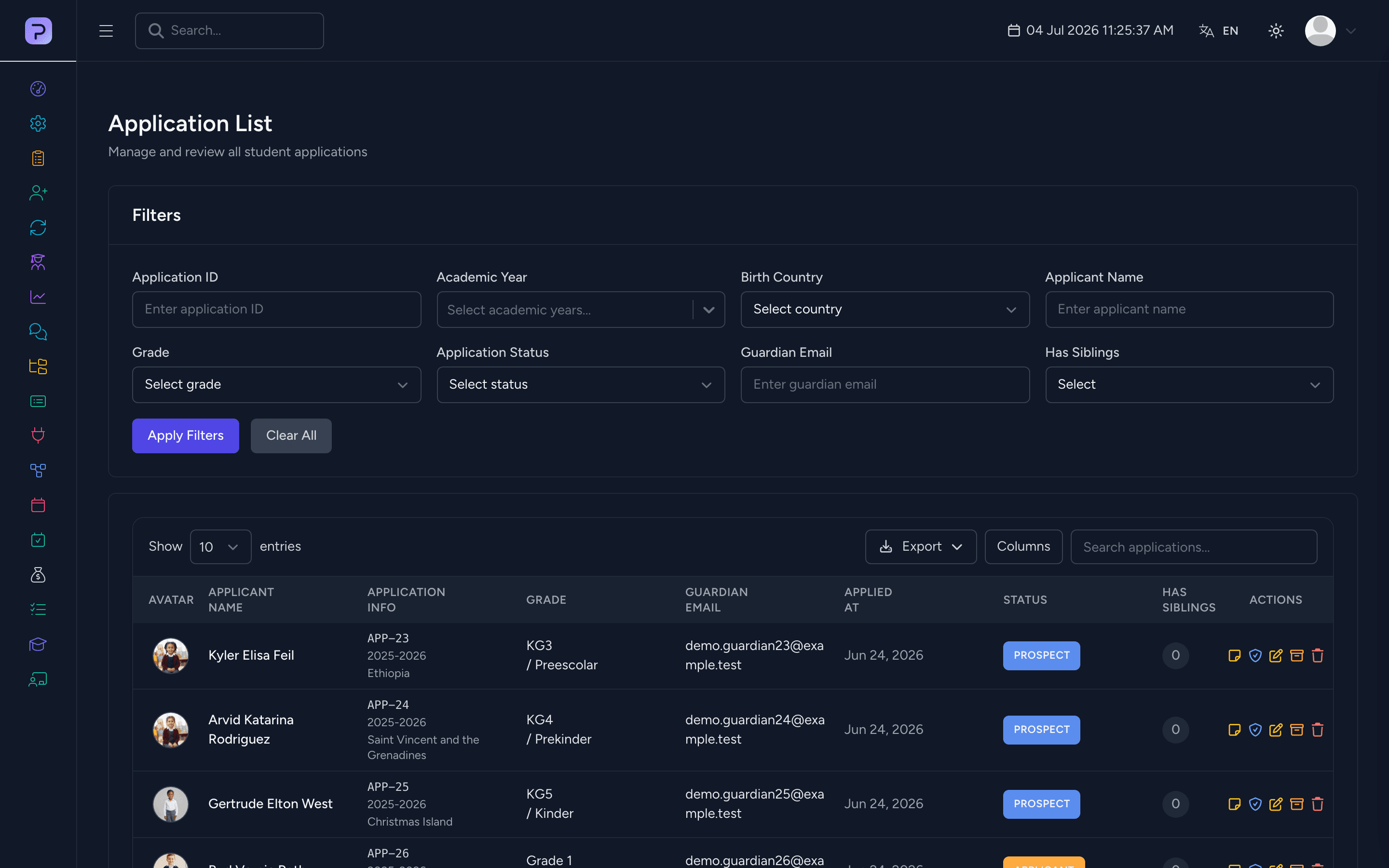 Product screenshot of the Admissions & Enrollment module in the Pulsedu app