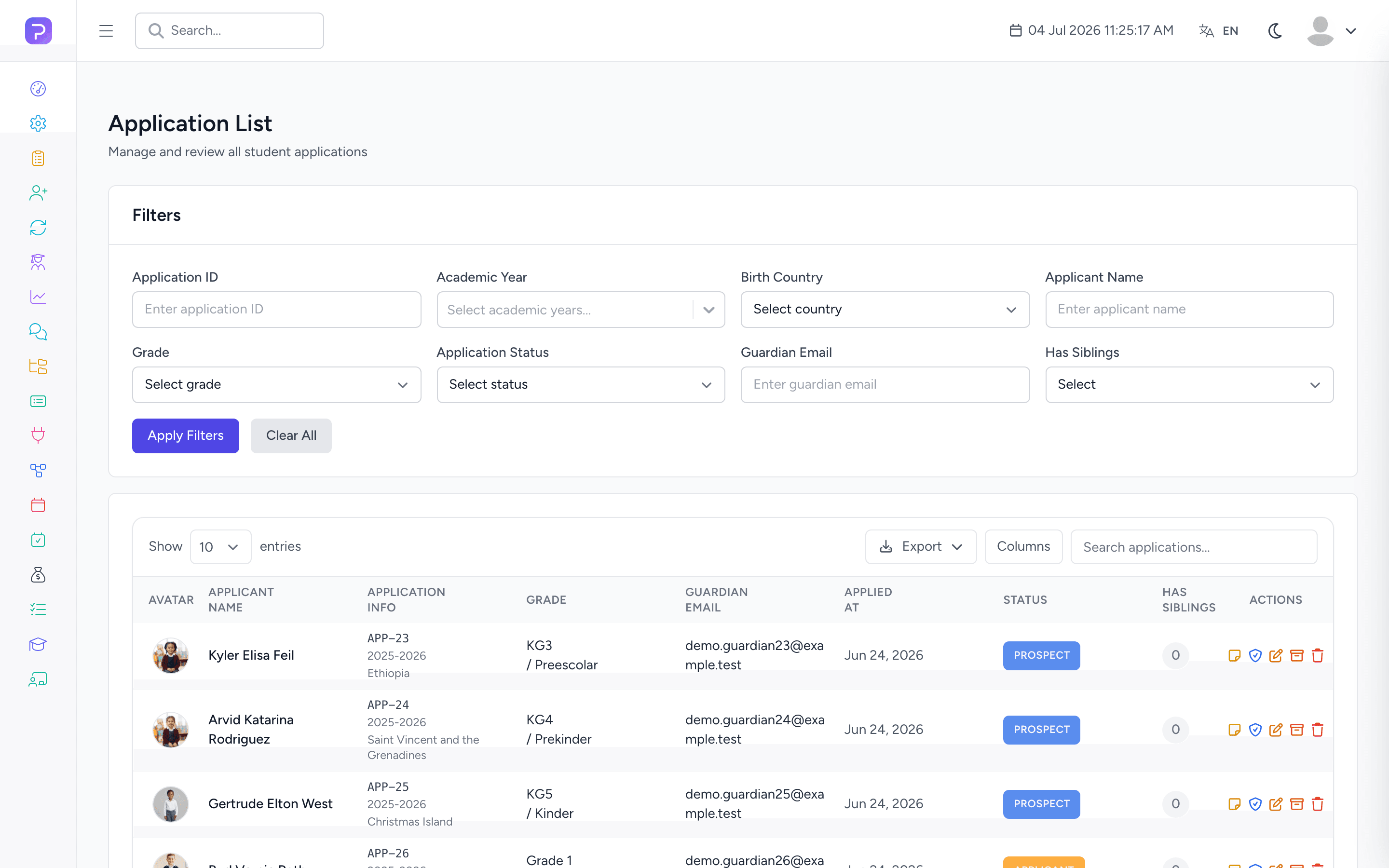 Product screenshot of the Admissions & Enrollment module in the Pulsedu app