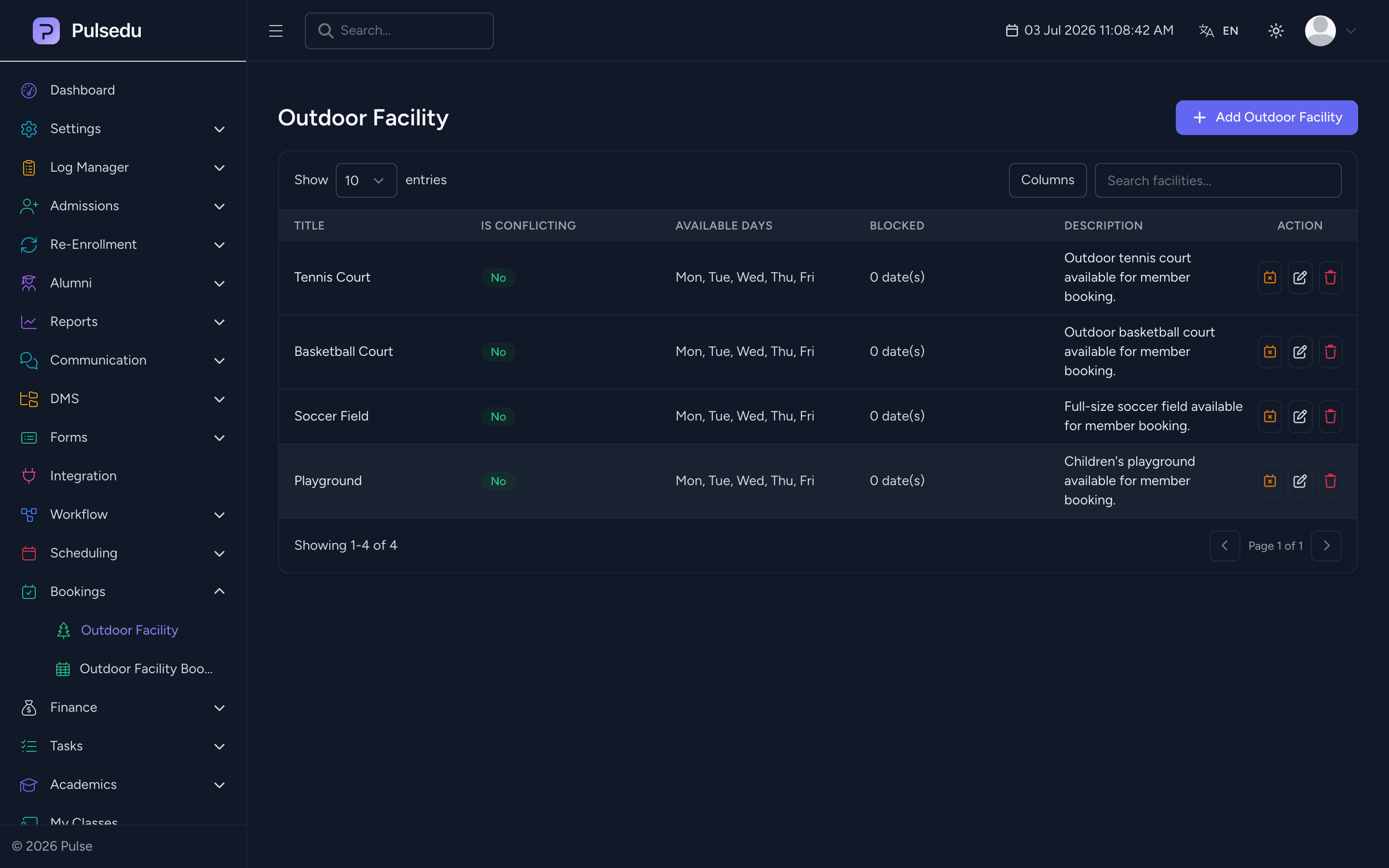 Product screenshot of the Scheduling & Bookings module in the Pulsedu app