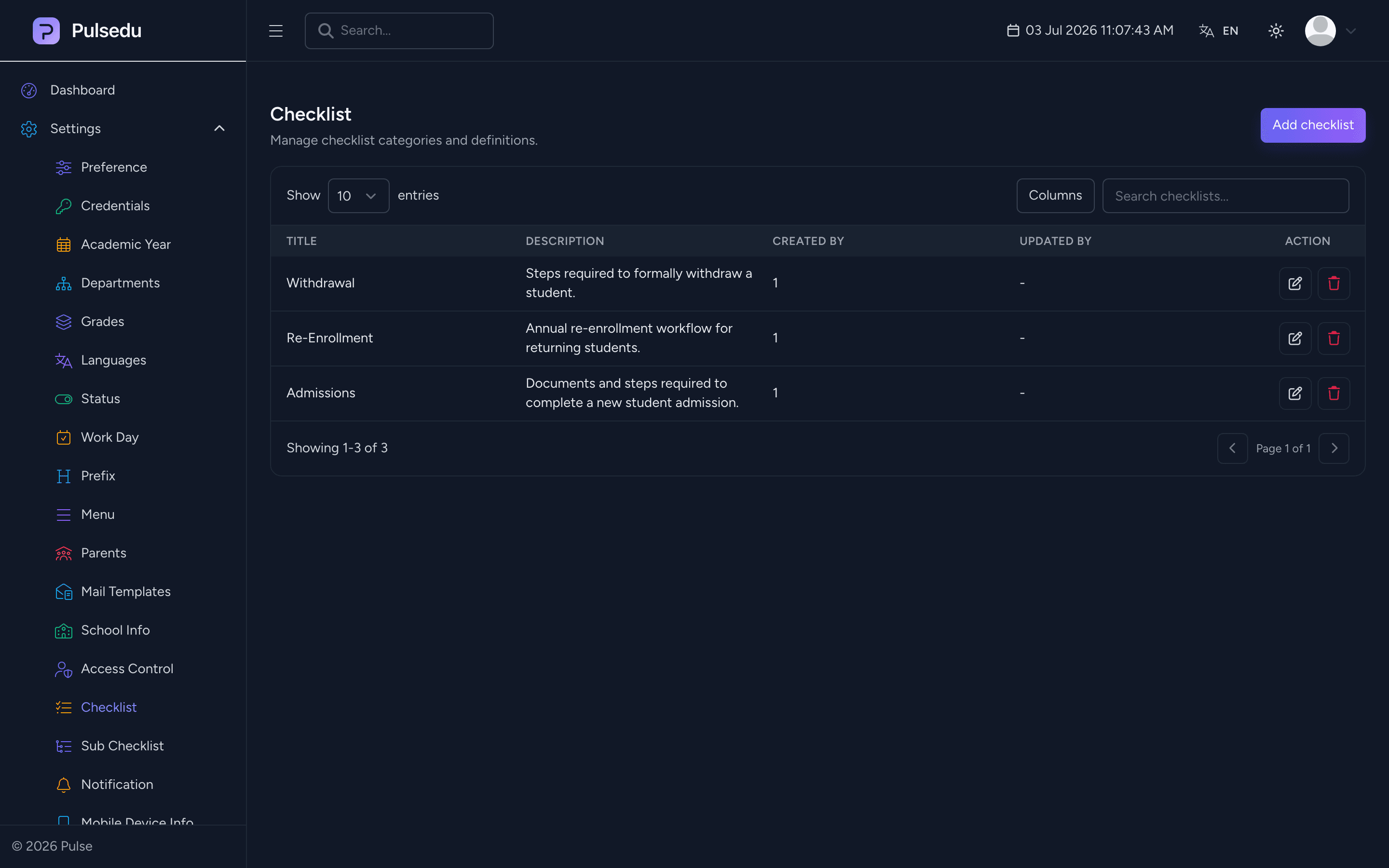 Product screenshot of the Checklists & Requirements module in the Pulsedu app