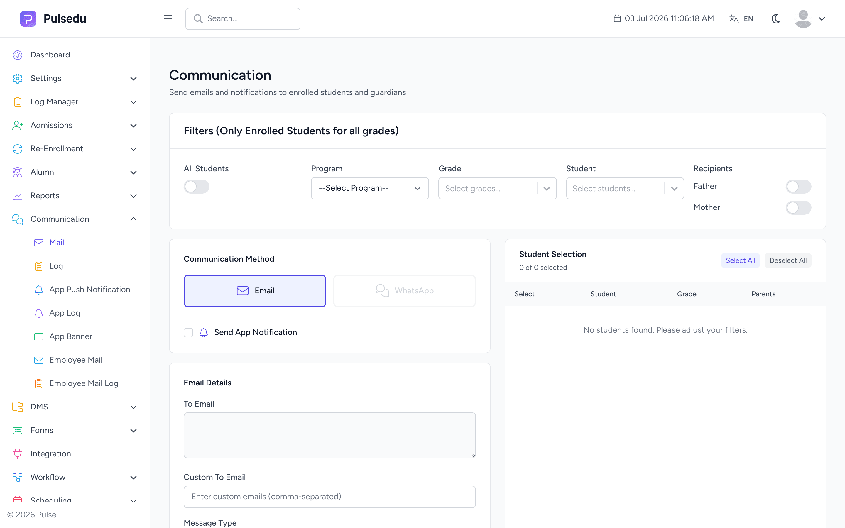 Product screenshot of the Communications module in the Pulsedu app