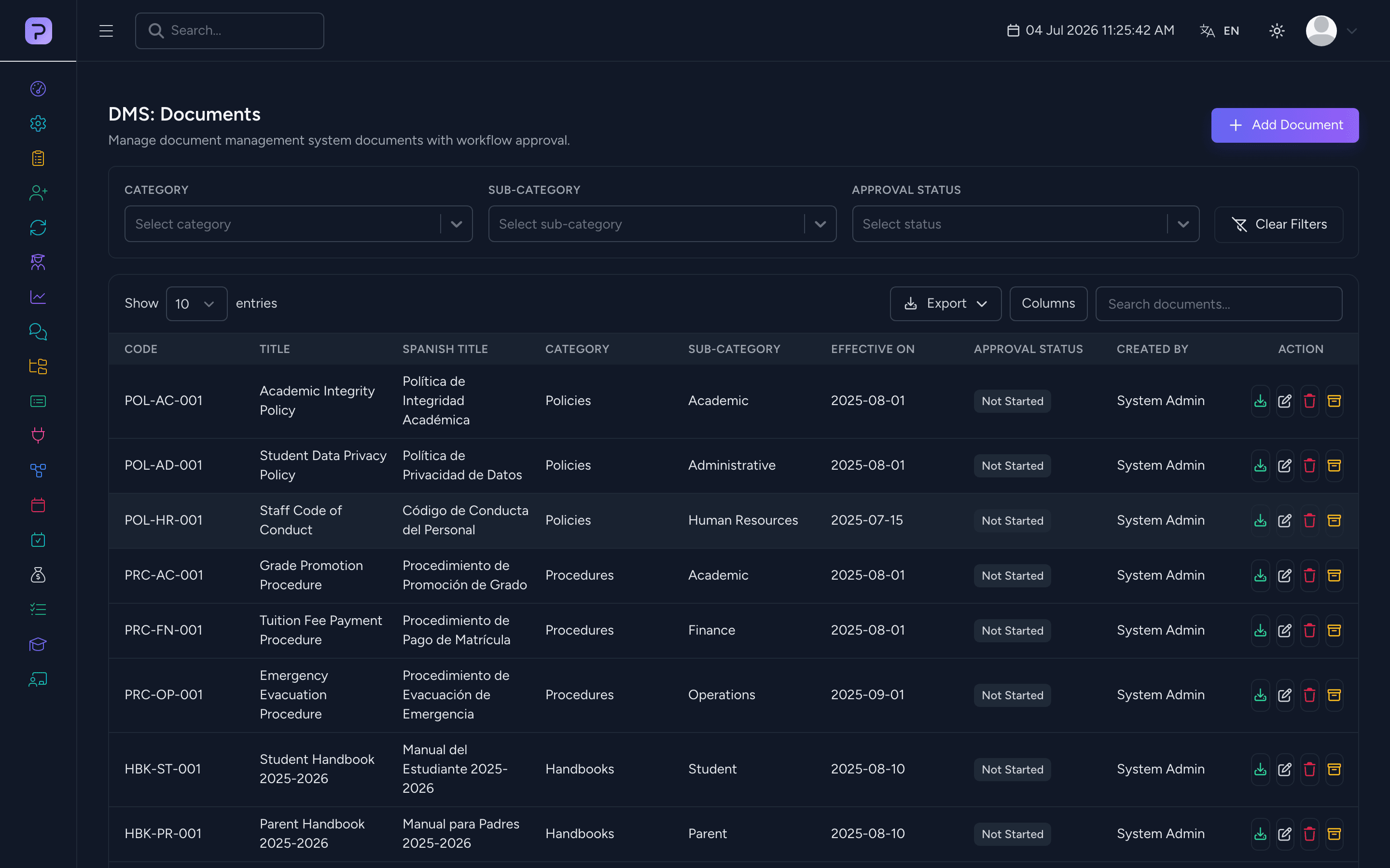 Product screenshot of the Document Management module in the Pulsedu app