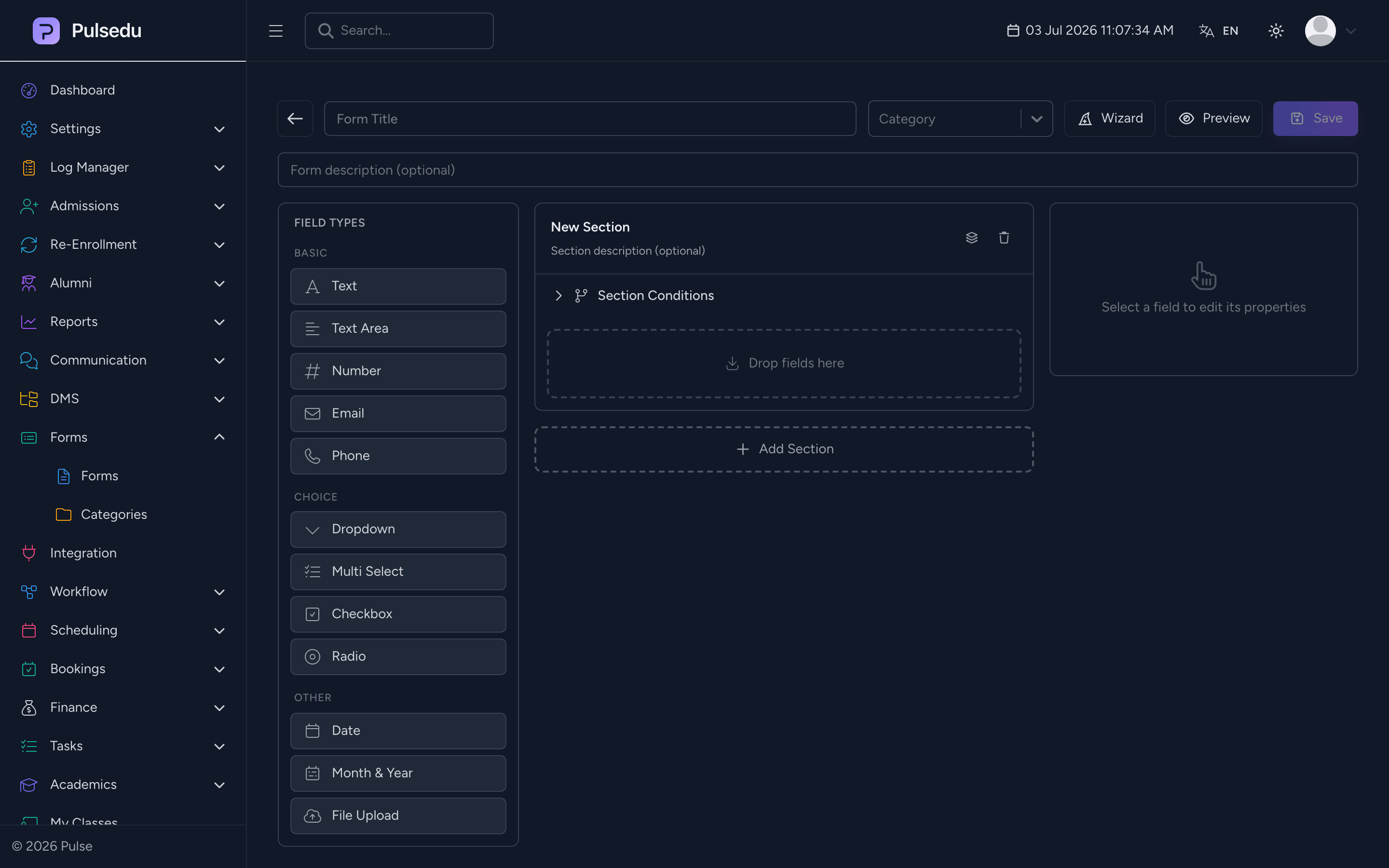 Product screenshot of the Dynamic Forms module in the Pulsedu app