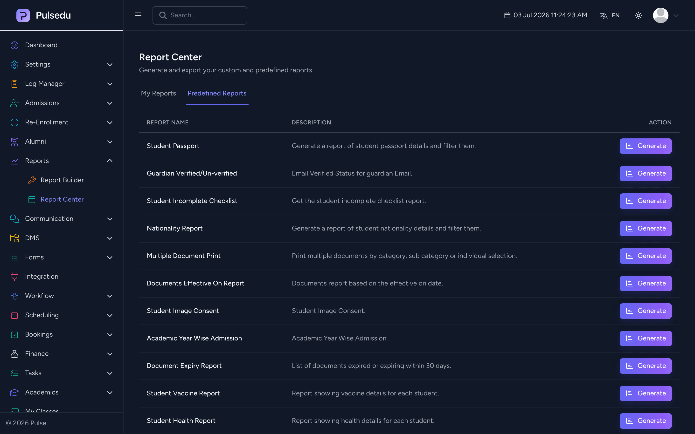 Product screenshot of the Reports & Analytics module in the Pulsedu app