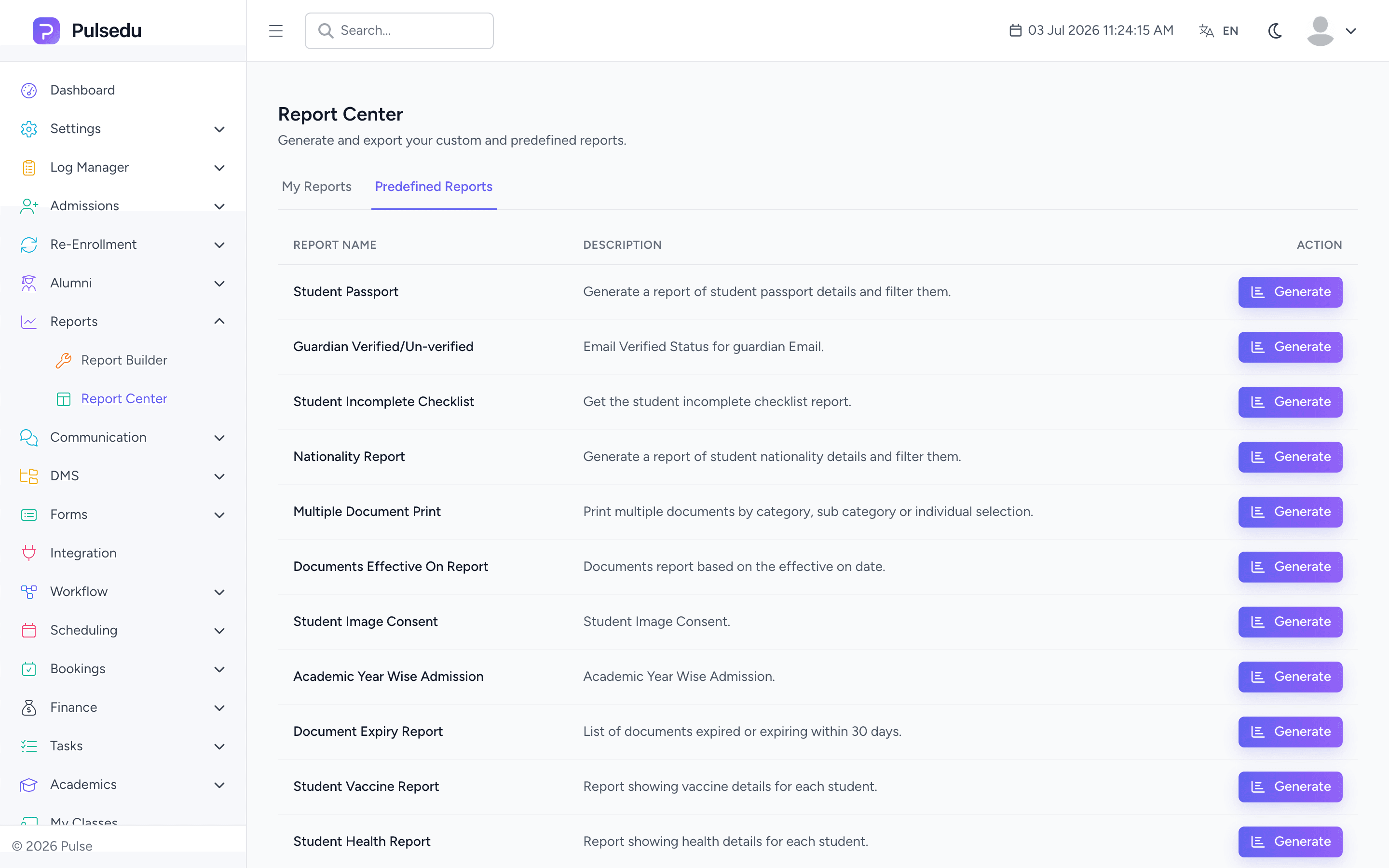 Product screenshot of the Reports & Analytics module in the Pulsedu app